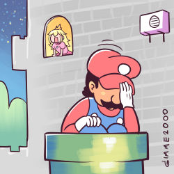 1boy 1girl 1koma absurdres blonde_hair blouse blue_overalls brooch comic commentary dress facial_hair gimme2000 hat highres jewelry long_hair looking_outside mario mario_(series) meme mustache nintendo outdoors overalls pink_dress princess_peach red_hat red_shirt shirt window