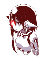 Rule 34 | 1girl, android, closed mouth, cropped torso, glowing, glowing eye, hair between eyes, horns, long hair, looking at viewer, monochrome, naga u, olympia (sekaiju), original, simple background, solo, spot color, v-shaped eyebrows, white background