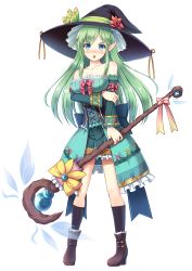 Rule 34 | 1girl, absurdres, akashio (loli ace), aqua eyes, bare shoulders, blush, boots, brave girl ravens, breasts, detached sleeves, dress, floral print, full body, green hair, hat, highres, holding, large breasts, liza kubareil, long hair, looking at viewer, open mouth, pleated skirt, pointy ears, ribbon, short dress, skirt, solo, staff, standing, white background, witch hat