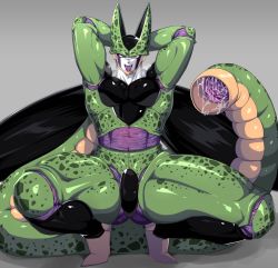 Rule 34 | 1boy, bara, blush, crotch, dragon ball, dragonball z, full body, looking at viewer, male focus, muscular, naughty face, oguri shun, perfect cell, saliva, slime, solo, steam, sweat, tail, tongue, tongue out