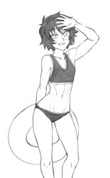 Rule 34 | 1girl, :d, bare shoulders, bikini, breasts, collarbone, eyes visible through hair, freckles, greyscale, hand up, innertube, looking at viewer, mari (twrlare), monochrome, navel, open mouth, original, short hair, small breasts, smile, solo, stomach, swim ring, swimsuit, tankini, twrlare