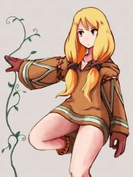 Rule 34 | 1girl, blonde hair, boots, final fantasy, final fantasy tactics, geomancer (fft), gloves, grey background, highres, long hair, orange eyes, plant, simple background, solo, twintails, yan pai