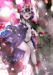Rule 34 | 1girl, :d, absurdres, ankle ribbon, barefoot, barefoot sandals (jewelry), black hair, bob cut, breasts, cherry blossoms, cup, fang, fate/grand order, fate (series), gourd, hatori you, highres, horns, in tree, japanese clothes, kimono, leg ribbon, midriff, navel, off shoulder, open mouth, pale skin, purple eyes, ribbon, sakazuki, short hair, shuten douji (fate), shuten douji (first ascension) (fate), signature, sitting, sitting in tree, sketch, small breasts, smile, solo, tree