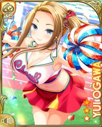 Rule 34 | 1girl, blonde hair, breasts, card, character name, cheerleader, cleavage, closed mouth, girlfriend (kari), grey eyes, holding, large breasts, leaning forward, long hair, midriff, navel, official art, ogawa yui (girlfriend kari), outdoors, pom pom (cheerleading), qp:flapper, red neckwear, red skirt, school uniform, shirt, side ponytail, skirt, smile, solo, standing, tagme, white shirt