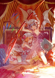Rule 34 | 2girls, arms up, bare arms, bat wings, bed, biiji, blonde hair, bow, cake, candy, dress, flandre scarlet, flat chest, food, fork, frilled dress, frills, hug, multiple girls, nipples, open mouth, pillow, purple hair, red eyes, remilia scarlet, short hair, siblings, sisters, spear the gungnir, thighhighs, touhou, weapon, wings, wrist cuffs
