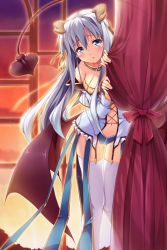 Rule 34 | 1girl, bare shoulders, blue eyes, blush, breasts, cleavage, curtain grab, curtains, demon girl, demon tail, detached sleeves, erect!, game cg, garter straps, hair ribbon, hiding, highres, horns, leaning forward, legs, long hair, low wings, lunastia asteel, navel, open mouth, outline, piromizu, ribbon, shy, silver hair, sky, solo, sunset, tail, thigh gap, thighhighs, thighs, white thighhighs, wings