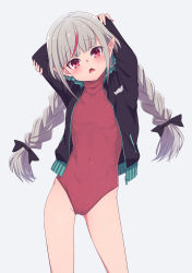 Rule 34 | 1girl, arms behind head, arms up, bare hips, black ribbon, blush, braid, commentary request, covered navel, cowboy shot, flat chest, grey hair, hair ribbon, highleg, highleg leotard, highres, jacket, leotard, long hair, long sleeves, looking at viewer, makaino ririmu, meme attire, multicolored hair, nijisanji, open clothes, open jacket, open mouth, pointy ears, red eyes, red hair, red leotard, ribbon, sabamen, simple background, skin tight, solo, streaked hair, sweater, thigh gap, triangle mouth, turtleneck, heattech leotard, turtleneck sweater, twin braids, uniqlo, virtual youtuber