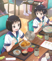 Rule 34 | 1other, 4girls, :p, blunt bangs, bowl, canteen, chopsticks, croquette, eating, food, indoors, long hair, looking at another, multiple girls, noodles, open mouth, original, sailor collar, school uniform, serafuku, short hair, sitting, smile, taka (tsmix), tongue, tongue out, tray, walking
