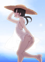 Rule 34 | 1girl, abubu, ass, back, bare arms, bare shoulders, black hair, blush, dress, female focus, flat chest, from side, hat, kneepits, long hair, looking at viewer, low twintails, open mouth, panties, profile, red eyes, sandals, side-tie panties, sleeveless, sleeveless dress, smile, solo, straw hat, twintails, underwear, white dress, white panties