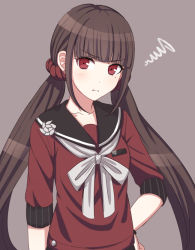 Rule 34 | 1girl, azami194, bad id, bad pixiv id, black hair, blunt bangs, blush, breasts, closed mouth, collarbone, commentary request, danganronpa (series), danganronpa v3: killing harmony, flower, grey background, hair ornament, harukawa maki, long hair, looking to the side, low twintails, mole, mole under eye, red eyes, red scrunchie, red shirt, school uniform, scrunchie, serafuku, shirt, short sleeves, simple background, small breasts, solo, twintails, upper body