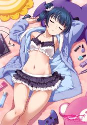 Rule 34 | 1girl, armpits, blue hair, blush, bow, breasts, controller, earphones, female focus, game controller, groin, hair bow, hair ornament, highres, hip focus, inou shin, jacket, legs, looking at viewer, love live!, love live! school idol festival, love live! sunshine!!, lying, nail polish, navel, on back, open clothes, open jacket, short hair, skirt, sleeping, small breasts, solo, swimsuit, thighs, third-party edit, tsushima yoshiko