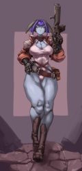Rule 34 | 1girl, absurdres, ange (kelvin hiu), aqua eyes, aqua lips, battle rifle, belt, belt pouch, boots, breasts, brown jacket, cleavage, colored skin, commentary, cropped jacket, english commentary, finger on trigger, full body, grey skin, gun, hand on belt, highleg, highleg leotard, highres, jacket, joints, kelvin hiu, large breasts, leotard, lipstick, long legs, loose belt, makeup, mechanical arms, mechanical hands, metal skin, original, pink leotard, popped collar, pouch, purple hair, rifle, robot ears, robot joints, scarf, science fiction, short hair, shoulder pads, solo, thick thighs, thighs, walking, weapon
