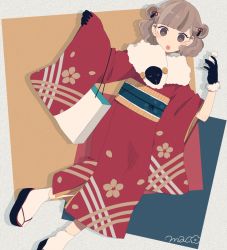 Rule 34 | 1girl, brown eyes, brown hair, double bun, dutch angle, japanese clothes, kimono, looking at viewer, maco22, open mouth, original, scarf, solo