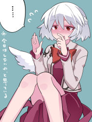 Rule 34 | 1girl, aqua background, blush, dress, feet out of frame, flying sweatdrops, grey hair, grey jacket, hair between eyes, hammer (sunset beach), jacket, kishin sagume, long sleeves, open clothes, open jacket, open mouth, purple dress, red eyes, short hair, simple background, single wing, solo, speech bubble, touhou, white wings, wings
