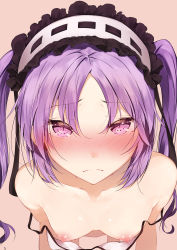 Rule 34 | 1girl, absurdres, bad id, bad pixiv id, bare shoulders, beige background, blush, breasts, closed mouth, collarbone, euryale (fate), fate/hollow ataraxia, fate (series), frills, frown, headdress, highres, hplay, long hair, looking at viewer, nipples, nose blush, parted bangs, purple eyes, purple hair, sidelocks, simple background, small breasts, solo, strap slip, twintails, upper body, wavy mouth