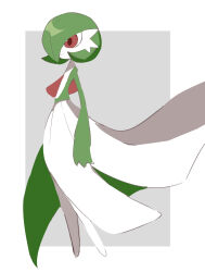 Rule 34 | 1girl, arm at side, bob cut, border, closed mouth, colored skin, creatures (company), expressionless, female focus, flat chest, full body, game freak, gardevoir, gen 3 pokemon, green hair, green skin, grey background, hair over one eye, highres, multicolored skin, nintendo, one eye covered, outside border, pokemon, pokemon (creature), red eyes, short hair, simple background, sketch, solo, standing, tem (tem konp10), two-tone skin, white border, white skin