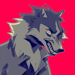 Rule 34 | angry, brand new animal, coat, furry, highres, male focus, ogami shirou, red background, red eyes, sharp teeth, teeth, trench coat, wolf