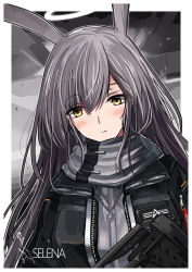 Rule 34 | 1girl, animal ears, blush, clothes writing, coat, grey hair, haguruma c, halo, highres, jewelry, long hair, looking at viewer, necklace, open clothes, open coat, original, parted lips, scarf, solo, upper body, yellow eyes