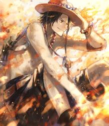 Rule 34 | backpack, bag, black eyes, black shorts, boots, bracelet, brown eyes, brown footwear, fire, freckles, grin, hat, highres, jewelry, male focus, on ground, one piece, portgas d. ace, shorts, sitting, smile, solo, tsugutoku, yellow background