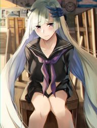 Rule 34 | 1girl, bare legs, between legs, black shirt, black skirt, blush, breast hold, breasts, brynhildr (fate), chair, clock, closed mouth, expressionless, fate/grand order, fate (series), gradient hair, hair between eyes, hair over one eye, head tilt, headgear, highres, indoors, large breasts, long hair, looking at viewer, multicolored hair, neckerchief, nicky w, photo (object), pleated skirt, red eyes, sailor collar, school uniform, serafuku, shirt, short sleeves, silver hair, sitting, skirt, solo, standing, sunlight, uniform, very long hair, wall clock