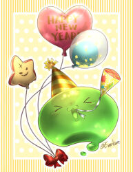 Rule 34 | &gt; &lt;, :3, balloon, bow, character balloon, commentary request, full body, happy new year, hat, heart balloon, new year, no humans, party hat, party popper, polka dot, polka dot background, poporing, ragnarok online, red bow, red eruma, rouko605, signature, slime (creature), solo, striped, striped background, yellow background