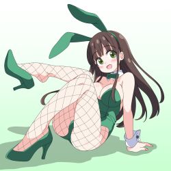 1girl animal_ears black_hair blunt_bangs bow bowtie breasts cleavage detached_collar fishnet_pantyhose fishnets gochuumon_wa_usagi_desu_ka? gradient_background green_background green_bow green_bowtie green_eyes green_footwear green_leotard high_heels highres leotard long_hair medium_breasts pantyhose playboy_bunny rabbit_ears sakuzo shoe_dangle smile solo strapless strapless_leotard ujimatsu_chiya white_background wrist_cuffs