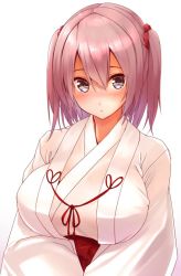 Rule 34 | 1girl, agarwood, black eyes, blush, breasts, closed mouth, hair between eyes, hair ornament, hair scrunchie, hakama, hakama skirt, japanese clothes, large breasts, long sleeves, looking at viewer, miko, original, pink hair, scrunchie, skirt, solo, two side up, upper body, v arms, wide sleeves