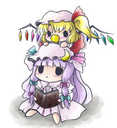 Rule 34 | 2girls, :&lt;, aged down, baby, blunt bangs, blush, book, bow, chibi, chibi on head, embodiment of scarlet devil, female focus, flandre scarlet, hair bow, hat, highres, hime cut, multiple girls, o o, on head, pacifier, patchouli knowledge, purple hair, side ponytail, solid circle eyes, touhou, wings, yume shokunin