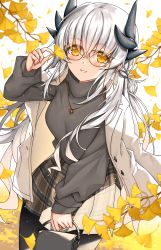 Rule 34 | 1girl, alternate costume, bespectacled, black pantyhose, black sweater, dragon girl, dragon horns, fate/grand order, fate (series), glasses, highres, horns, jacket, jacket on shoulders, kiyohime (fate), kiyohime (third ascension) (fate), long hair, long sleeves, morizono shiki, multiple horns, pantyhose, plaid, plaid skirt, skirt, solo, sweater, white hair, yellow eyes