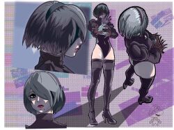 Rule 34 | 1boy, 1girl, 2b (nier:automata), ass, black blindfold, black gloves, black hairband, black leotard, black thighhighs, blindfold, breasts, cleavage, cleavage cutout, clothing cutout, commentary, crossed arms, gloves, grey hair, hair over one eye, hairband, high heels, highleg, highleg leotard, highres, huge ass, jiggidyjakes, juliet sleeves, leotard, long sleeves, mario, mario (series), medium breasts, mole, mole under mouth, nier:automata, nier (series), nintendo, puffy sleeves, red lips, shiny skin, short hair, square enix, thighhighs, wide hips