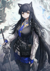 Rule 34 | 1girl, absurdres, animal ears, arknights, black cape, black pantyhose, black vest, blue gloves, blue shorts, breasts, brown eyes, cape, cowboy shot, franlol, gloves, highres, holding, holding sword, holding weapon, long hair, long sleeves, looking at viewer, medium breasts, official alternate costume, pantyhose, pantyhose under shorts, shirt, shorts, solo, sword, tail, texas (arknights), texas the omertosa (arknights), vest, weapon, white shirt, wolf ears, wolf girl, wolf tail
