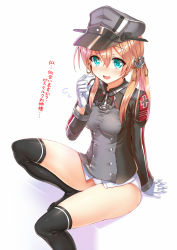 Rule 34 | 10s, 1girl, aldehyde, anchor hair ornament, arm support, blonde hair, blush, commentary, flying sweatdrops, gloves, hair ornament, hat, kantai collection, leg up, long hair, long sleeves, looking at viewer, military, military uniform, no pants, open mouth, panties, peaked cap, prinz eugen (kancolle), revision, simple background, sitting, sketch, skirt, solo, thighhighs, thighs, translation request, twintails, underwear, uniform, white gloves, white panties