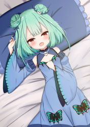 Rule 34 | 1girl, absurdres, arm up, bed sheet, blue bow, blue dress, blue sleeves, blush, bow, commentary request, detached sleeves, double bun, dress, fang, frilled pillow, frills, green hair, hair bow, hair bun, hair ornament, hand up, highres, hololive, jiu (sdesd3205), juliet sleeves, long sleeves, looking at viewer, lying, on back, open mouth, pillow, puffy sleeves, red eyes, skull hair ornament, sleeveless, sleeveless dress, solo, uruha rushia, uruha rushia (1st costume), virtual youtuber, wide sleeves
