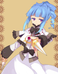 Rule 34 | 1girl, alfa system, ange serena, bad id, bad pixiv id, blue hair, bow, brown background, curly hair, dagger, dress, dual wielding, holding, holding dagger, holding knife, holding weapon, jewelry, knife, koto (colorcube), lowres, necklace, ponytail, purple eyes, ribbon, shawl, short hair, sidelocks, smile, solo, tales of (series), tales of innocence, waist bow, weapon