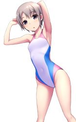 Rule 34 | 1girl, collarbone, commentary request, competition swimsuit, covered navel, feet out of frame, flat chest, grey eyes, grey hair, highres, idolmaster, idolmaster cinderella girls, looking at viewer, multicolored clothes, multicolored swimsuit, one-piece swimsuit, otokura yuuki, pataneet, short hair, simple background, solo, standing, swimsuit, white background, white one-piece swimsuit