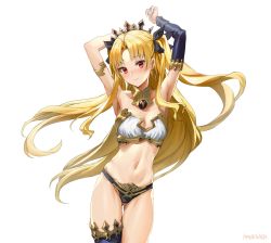 Rule 34 | 1girl, armlet, armpits, arms up, artist name, athenawyrm, bikini, black bikini, black ribbon, black thighhighs, blush, breasts, cleavage, closed mouth, collar, cosplay, cowboy shot, detached sleeves, earrings, ereshkigal (fate), fate/grand order, fate (series), gluteal fold, hair ornament, head tilt, highres, hoop earrings, ishtar (fate), ishtar (fate) (cosplay), jewelry, long hair, looking at viewer, mismatched bikini, navel, nose blush, parted bangs, red eyes, ribbon, sidelocks, simple background, single detached sleeve, single thighhigh, small breasts, solo, stomach, swimsuit, thigh gap, thighhighs, two side up, very long hair, white background, white bikini