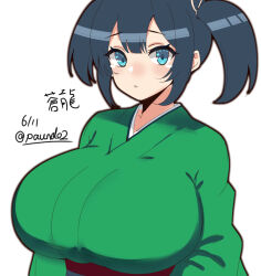 Rule 34 | blue eyes, blue hair, breasts, green kimono, hair ribbon, huge breasts, japanese clothes, kantai collection, kimono, looking at viewer, obi, paundo2, ribbon, sash, simple background, souryuu (kancolle), twintails, white background