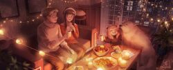 Rule 34 | 1boy, 2girls, anya (spy x family), apple, black dress, black hair, blonde hair, cake, cake slice, candle, candlelight, child, christmas lights, commentary, cookie, couch, cup, dewpearl art, dog, dress, english commentary, food, fruit, hairband, hairpods, highres, holding, holding cup, indoors, lamp, licking, licking another&#039;s face, long hair, long sleeves, looking at another, mug, multiple girls, night, on couch, open mouth, picture frame, pink hair, plant, potted plant, red eyes, ritz crackers, short hair, sidelocks, smile, snowing, spy x family, table, teeth, tray, twilight (spy x family), upper teeth only, yor briar