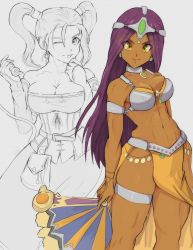 Rule 34 | 2girls, bare shoulders, breasts, cleavage, dragon quest, dragon quest iv, dragon quest viii, highres, jessica albert, large breasts, long hair, looking at viewer, manya (dq4), multiple girls, navel, one eye closed, purple hair, revealing clothes, twintails, yoracrab