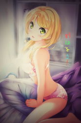 Rule 34 | !, 1girl, :d, alternate costume, arm support, barefoot, between legs, blonde hair, blurry, bra, breasts, cleavage, closet, depth of field, ellen baker, eyebrows, floral print, green eyes, hair down, highres, jewelry, kuro neko (yxmikan), lingerie, long hair, looking at viewer, medium breasts, necklace, new horizon, on bed, open mouth, panties, pendant, pillow, resized, revision, sitting, smile, solo, underwear, underwear only, wardrobe, wariza