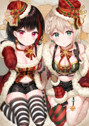 Rule 34 | 2girls, absurdres, aoba moca, aqua eyes, arm support, bang dream!, bare shoulders, belt, belt buckle, black choker, black gloves, black hair, black legwear, black shorts, blush, bow, bowtie, braid, breasts, bridal garter, buckle, choker, christmas, cleavage, closed mouth, coat, collarbone, crop top, cross-laced clothes, earrings, fingerless gloves, floor, from above, fur-trimmed coat, fur trim, garter straps, gloves, green shirt, hand on own chest, hand up, hat, hat ornament, highres, jewelry, long sleeves, looking at viewer, medium breasts, midriff, mitake ran, multicolored hair, multiple girls, navel, off shoulder, plaid, plaid ribbon, red coat, red eyes, red hair, red hat, red legwear, red neckwear, red ribbon, red shirt, ribbon, santa hat, shirt, short hair, short shorts, shorts, side-by-side, single thighhigh, sitting, smile, stomach, streaked hair, striped clothes, striped legwear, striped thighhighs, thighhighs, thighs, tokkyu, top hat, v-shaped eyebrows, wariza, white hair