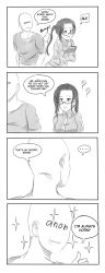 Rule 34 | ..., 10s, 1boy, 1girl, 4koma, ?, ^^^, anonymous (4chan), avengers (series), character name, comic, demi-chan wa kataritai, english text, faceless, faceless male, flying sweatdrops, glasses, greyscale, highres, jacket, long hair, looking at viewer, marvel, monochrome, open mouth, ponytail, satou sakie, scene reference, semi-rimless eyewear, shirt, short sleeves, sketch, sparkle, speech bubble, spoken ellipsis, sweatdrop, thumbs up, track jacket, truth, under-rim eyewear, viperxtr