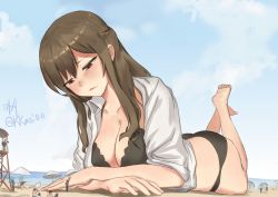 Rule 34 | 3girls, 6+boys, barefoot, beach, beach umbrella, black bra, black panties, blush, bra, breasts, brown eyes, brown hair, cleavage, day, feet, giant, giantess, half-closed eyes, highres, kkasi00, large breasts, lifeguard chair, long hair, lying, megaphone, multiple boys, multiple girls, ocean, on stomach, open clothes, open shirt, original, outdoors, panties, recording, size difference, the pose, twitter username, umbrella, underwear