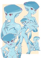 Rule 34 | 1girl, blue skin, breasts, collarbone, colored skin, crossed arms, english text, fish girl, hand up, highres, monster girl, multiple views, nintendo, pointy ears, pout, princess ruto, purple eyes, sitting, small breasts, takapon-o-ji, the legend of zelda, the legend of zelda: ocarina of time, zora