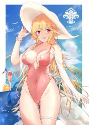 Rule 34 | 1girl, absurdres, azur lane, biganbanani, bird, blonde hair, blue sky, breasts, casual one-piece swimsuit, chick, cloud, frilled swimsuit, frills, hat, highleg, highleg swimsuit, highres, iris libre (emblem), large breasts, long hair, looking at viewer, manjuu (azur lane), one-piece swimsuit, pink one-piece swimsuit, red eyes, richelieu (azur lane), richelieu (fleuron of the waves) (azur lane), side-tie swimsuit, sky, sun hat, swimsuit, white headwear