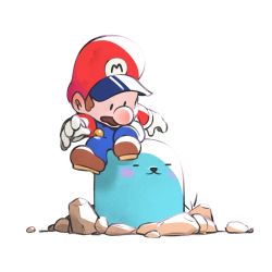 Rule 34 | 1boy, artist request, blush stickers, closed eyes, facial hair, gloves, hat, highres, looking down, mario, mario (series), mole (animal), mustache, nintendo, overalls, paper mario, sitting, sitting on person, whacka