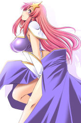 Rule 34 | 00s, 1girl, blush, breasts, covered erect nipples, female focus, gloves, grin, gundam, gundam seed, gundam seed destiny, hair ornament, highleg, highleg leotard, large breasts, leotard, long hair, meer campbell, pink hair, purple eyes, revision, shadow, shiny clothes, simple background, skirt, smile, solo, star (symbol), star hair ornament, tonpuu, white background