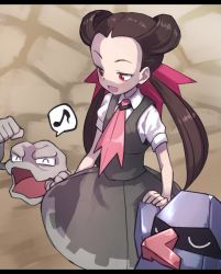 Rule 34 | 1girl, ^ ^, arm up, ascot, black dress, blush, brown hair, clenched hands, closed eyes, collared shirt, creatures (company), dress, forehead, game freak, gazacy (dai), gen 1 pokemon, gen 3 pokemon, geodude, gym leader, hair ornament, hair pulled back, happy, highres, holding hands, jitome, letterboxed, long hair, looking down, musical note, nintendo, no legs, nosepass, open mouth, pinafore dress, pokemon, pokemon (creature), pokemon oras, red eyes, roxanne (pokemon), shirt, short dress, short sleeves, side-by-side, sleeveless, sleeveless dress, speech bubble, spoken musical note, twintails, undershirt, white shirt
