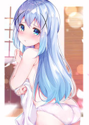 Rule 34 | 1girl, :t, armpit crease, ass, back, blue eyes, blue hair, blurry, blurry background, blush, breasts, cowboy shot, depth of field, from behind, gochuumon wa usagi desu ka?, hair ornament, hand up, head tilt, heart, highres, holding, holding clothes, holding shirt, kafuu chino, leaning forward, lens flare, light particles, long hair, looking at viewer, looking back, medium breasts, panties, pout, rouka (akatyann), shirt, unworn shirt, sidelocks, solo, standing, thighs, topless, underwear, white panties, window, x hair ornament
