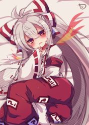 Rule 34 | 1girl, ahoge, alternate hairstyle, armband, bed, bed sheet, blush, bow, collared shirt, colored eyelashes, commentary request, fiery wings, fujiwara no mokou, gradient eyes, hair between eyes, hair bow, hand up, highres, long hair, long sleeves, looking at viewer, lying, multicolored eyes, muuran, ofuda, on side, open mouth, pants, ponytail, purple eyes, red eyes, red pants, ribbon-trimmed sleeves, ribbon trim, shirt, signature, sketch, sleeves past wrists, solo, suspenders, tareme, touhou, very long hair, white bow, white shirt, wide sleeves, wings